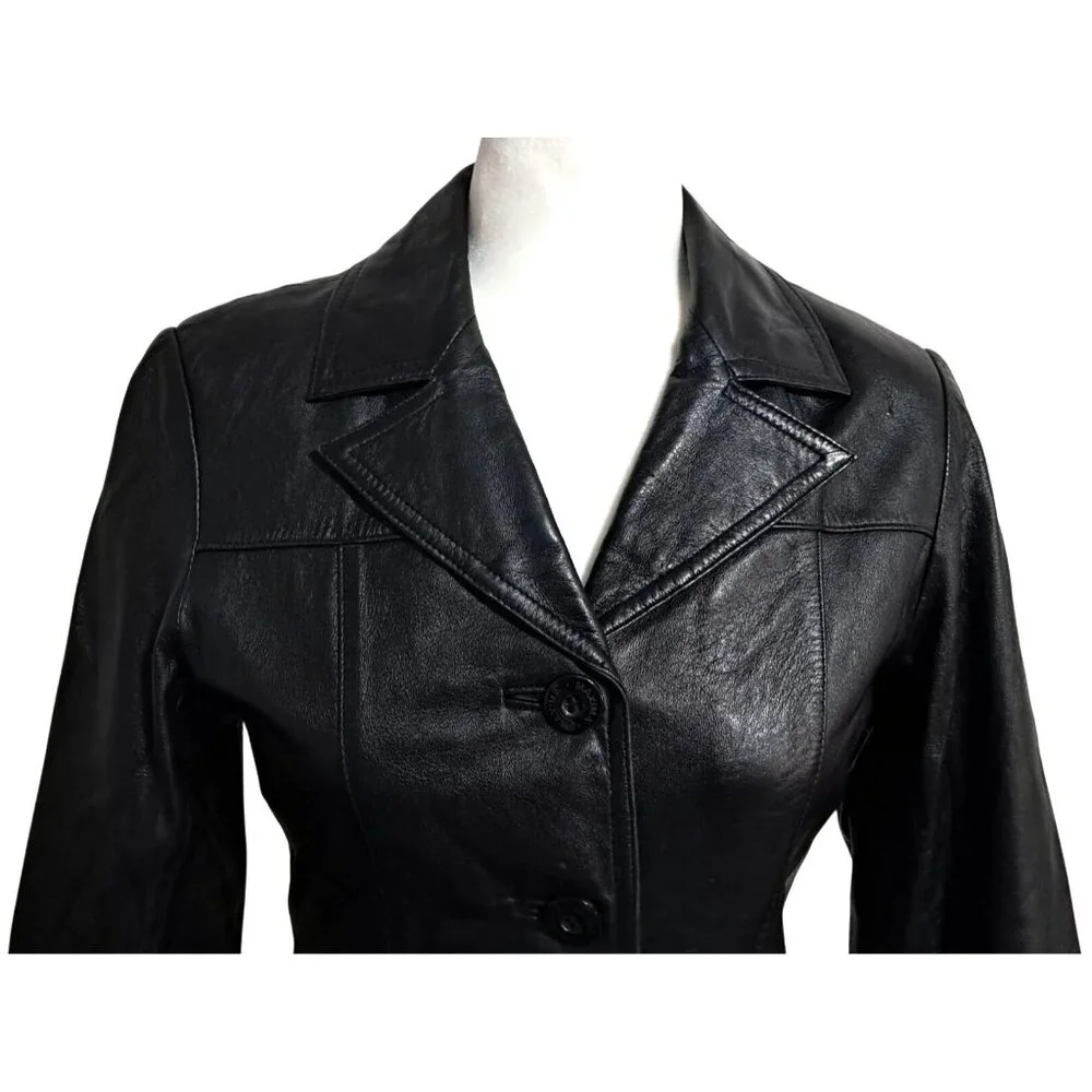 Vintage 1990s Wilsons Leather Maxima Womens XS Black Fitted Blazer Jacket - Picture 7 of 12